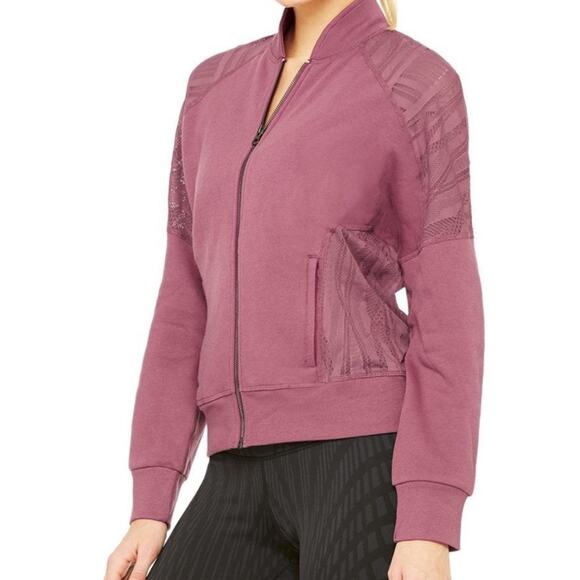 Alo Yoga Tempt Lace Yoke Bomber Jacket mauve zip up sweatshirt workout athletic - Picture 1 of 8